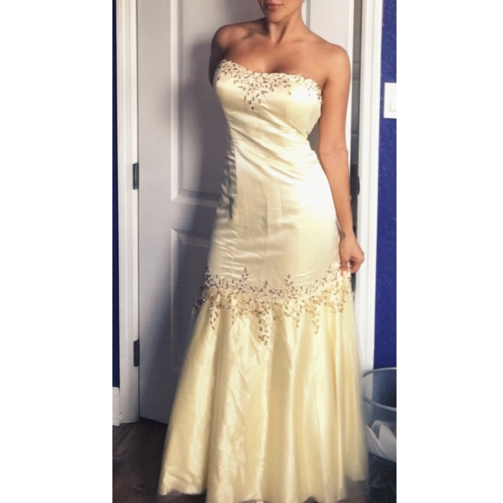 Yellow Beaded Satin Mermaid Style Gown